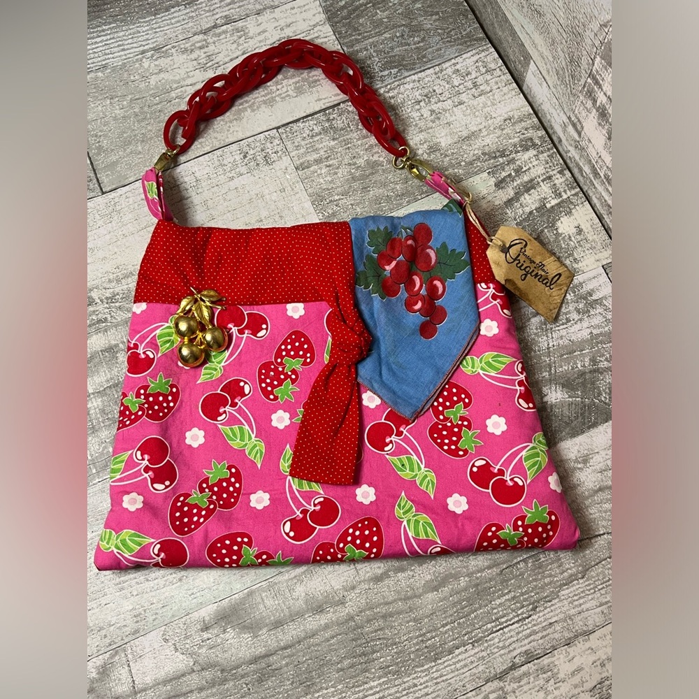 Vintage Flair Originals Handmade Pink & Red Cherry Handbag with Brooch & Hankie